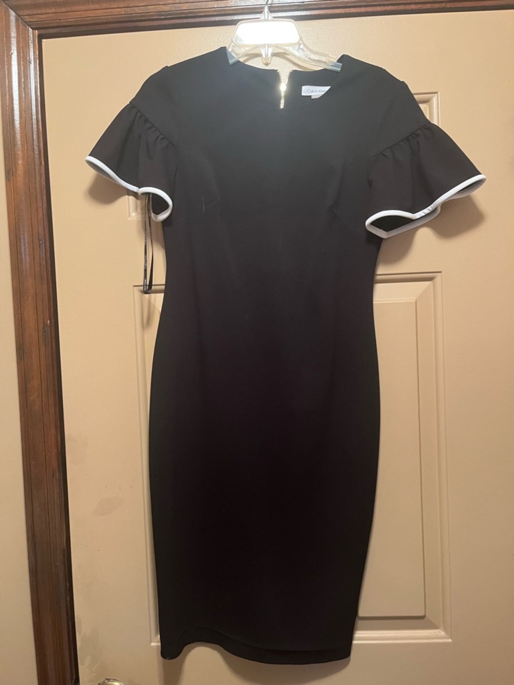 Calvin Klein Black Midi Sheath Dress with White Trim Flutter Sleeves